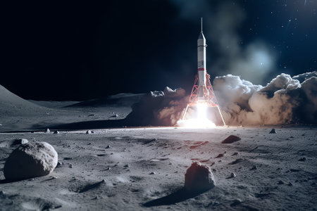 Generative AI : Orion spacecraft landing on Moon surface Spaceship of Artemis mission with astronauts near Moon Exploration of our satellite Return on Moon Elements of this image fの素材