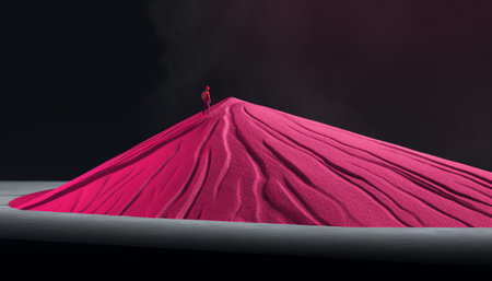 Generative AI : Modern futuristic neon abstract background Large triangle glowing purple object in the center of sand dune and lonely woman silhouette walking in the desert Dark scの素材