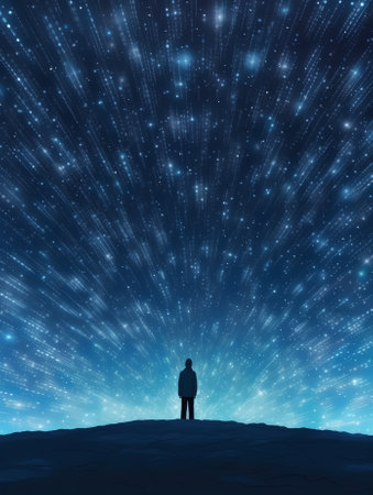 Generative AI : Silhouette a person standing looking at the star field and the milky wの素材