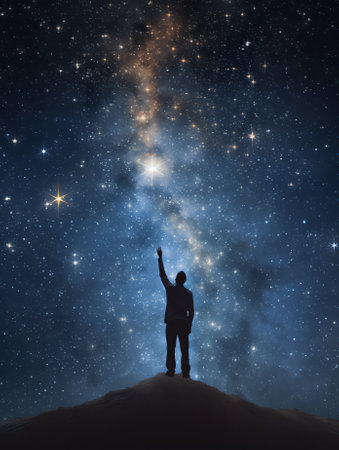 Generative AI : Starcatcher A person is standing next to the Milky Way galaxy pointing on a bright starの素材