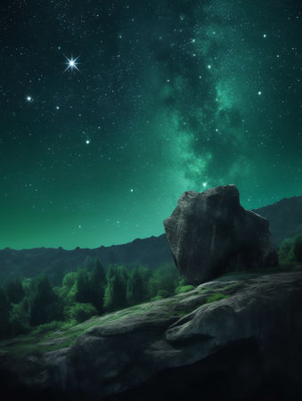 Generative AI : Spectacular landscape of rocks in highlands on background of sky with stars at nightの素材