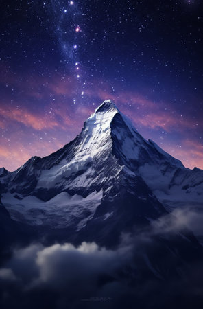 Generative AI : Spectacular view of galaxy in sky with interstellar gas over rough majestic mount with snow in eveningの素材