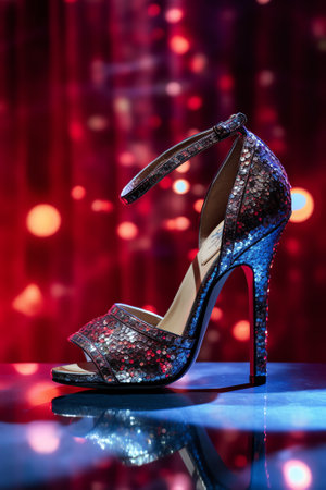 Generative AI : High heels galaxy reflection with silver curtains in a black backgroundの素材