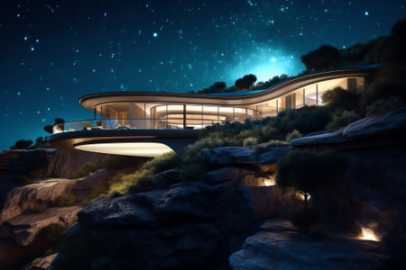 Generative AI : House over waterfall with starry sky and moonの素材