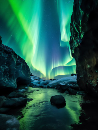 Generative AI : Low angle of arched rocky formation near green plants under starry night sky in icelandの素材