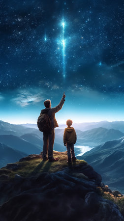 Generative AI : Milky Way with silhouette of a family Father and a son who pointing finger in night starry sky on the mountain Night landscape Beautiful Universe Space Travel backgの素材