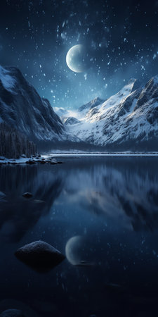Generative AI : Milky Way above frozen sea coast and snow covered mountains in winter at night in Lofoten Islands Norway Arctic landscape with blue starry sky water ice snowy rocksの素材