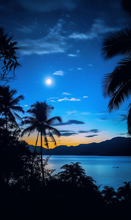 Generative AI : Image of silhouette banana leaves under the moonlight on bright full moon and dark summer blue sky for Asian travel advertising backgroundMoon image furnished by NAの素材