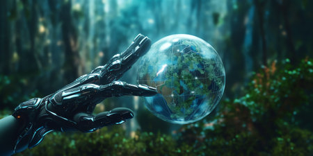 Generative AI : Robot hand holding Tree on Earth with technological convergence blue backgroundGreen computing csr IT ethics Nature technology interaction and Environmental friendlの素材