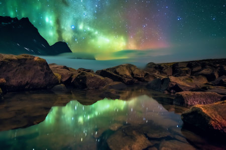 Generative AI : Picturesque landscape of krossanesfjall mountain ridge under colorful bright sky with milky way reflecting in pond at night in icelandの素材
