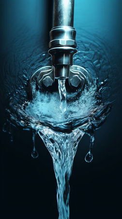 Generative AI : Steel less steel Tap or Faucet closeup with dripping water drop on the world in blue background Water day and save water concept Elements of this image furnished byの素材