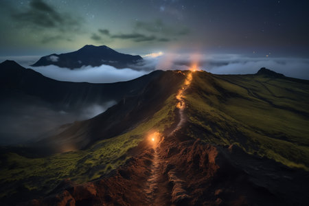 Generative AI : Milky way in misty sky over bromo indonesiaの素材