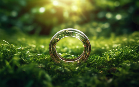 Generative AI : Looking for a Better Environmental World concept Round shape eyeglasses with Earth reflextion on green grass in blurred nature panoramic background Elements of thisの素材