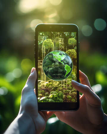 Generative AI : Man hand holding smartphone with Technology Economic Tree growing on Earth and wireframe background Green computing Green IT csr and IT ethics Concept Elements furnの素材