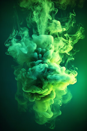 Generative AI : Greenblue smoke in neon light on black backgroundの素材