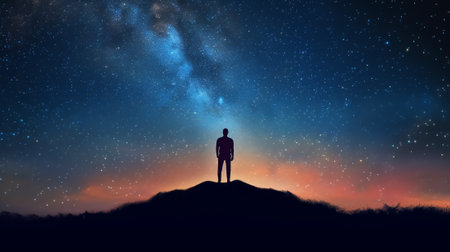 Generative AI : Milky Way Beautiful night sky with stars and silhouette of a standing alone man on the mountain Blue milky way and man on the hill Background with galaxy and silhouの素材