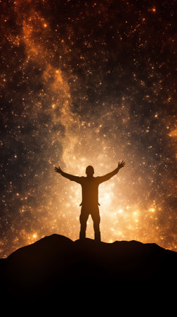 Generative AI : Man and the Universe A person is standing on the top of the hill next to the Milky Way galaxy with his hands raised to the airの素材