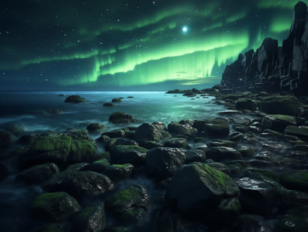 Generative AI : Low angle of arched rocky formation near green plants under starry night sky in icelandの素材