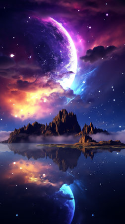 Generative AI : Modern futuristic fantasy night landscape with abstract islands and night sky with space galaxies Multicolor neon glow Reflection of light in water stars Empty scenの素材