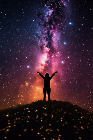 Generative AI : Man and the Universe A person is standing on the top of the hill next to the Milky Way galaxy with his hands raised to the airの素材