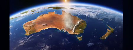 Generative AI : Panoramic view of the Earth nebula stars and galaxy Planet Earth view on Pacific ocean Oceania and Australia from space Concept of Earth Day Elements of this imageの素材