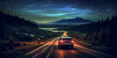 Generative AI : Night sky with milky way and stars Night road illuminated by car Light trailsの素材
