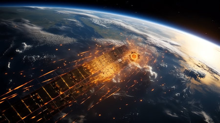 Generative AI : Sunrise view from space on Planet Earth World rotating on its axis in black Universe in stars Cities Lights at Night High detailed 3D Render animation Elements of tの素材