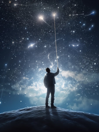 Generative AI : Starcatcher A person is standing next to the Milky Way galaxy pointing on a bright starの素材