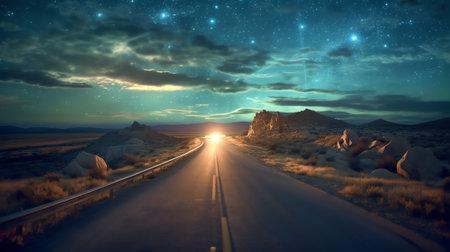 Generative AI : Night sky with milky way and stars Night road illuminated by car Light trailsの素材