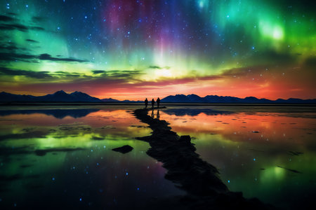 Generative AI : Picturesque landscape of krossanesfjall mountain ridge under colorful bright sky with milky way reflecting in pond at night in icelandの素材
