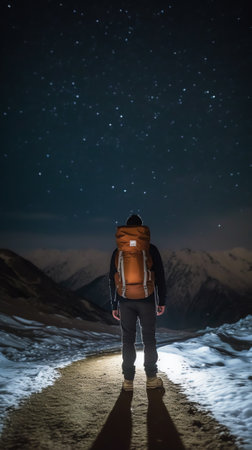 Generative AI : Picturesque view of distant person standing on urbasa range covered with snow under majestic starry sky during winter trip through spainの素材