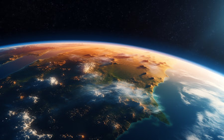 Generative AI : Sunrise view from space on Planet Earth South America zone World in black Universe in stars High detailed 3D Render animation Realistic world globe Elements of thisの素材