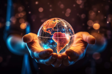 Generative AI : Hand holding Global world telecommunication network connected around planet Earth internet worldwide communication technology finance with blockchain and IoTElementの素材
