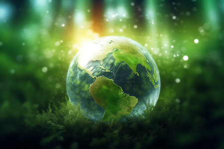 Generative AI : Image of glowing earth with bright and freshness small tree symbol for support earth day celebration on green adiantum fern in dark forestEarth image furnished by Nの素材
