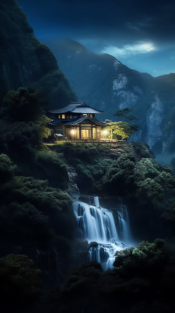 Generative AI : House over waterfall with starry sky and moonの素材