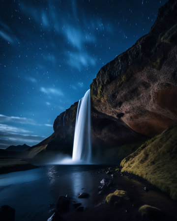 Generative AI : Low angle of arched rocky formation near green plants under starry night sky in icelandの素材