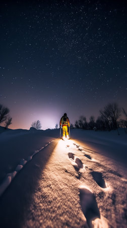 Generative AI : Picturesque view of distant person standing on urbasa range covered with snow under majestic starry sky during winter trip through spainの素材
