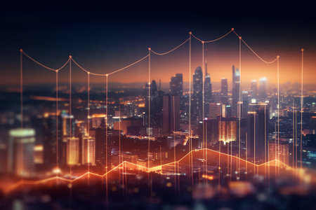 Generative AI : Stock financial index show data investment analysis growth for global business perspective with graph chart and candlesticks on image of urban skylineEarth image fuの素材