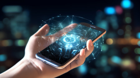 Generative AI : Man hand holding smartphone with Technology Economic Tree growing on Earth and wireframe background Green computing Green IT csr and IT ethics Concept Elements furnの素材