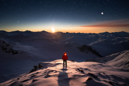 Generative AI : Picturesque view of distant person standing on urbasa range covered with snow under majestic starry sky during winter trip through spainの素材