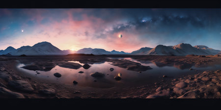 Generative AI : Picturesque landscape of krossanesfjall mountain ridge under colorful bright sky with milky way reflecting in pond at night in icelandの素材