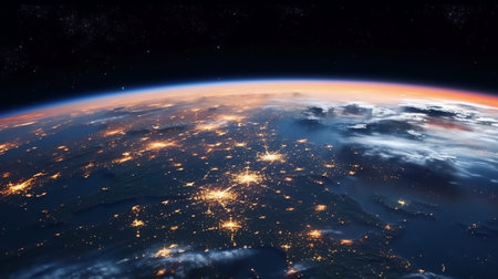 Generative AI : Sunrise view from space on Planet Earth World rotating on its axis in black Universe in stars Cities Lights at Night High detailed 3D Render animation Elements of tの素材
