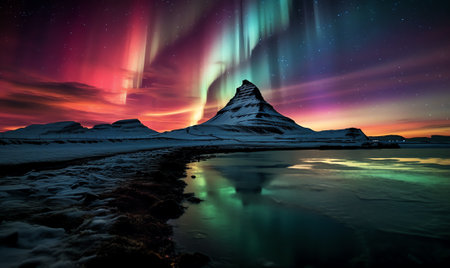 Generative AI : Picturesque landscape of krossanesfjall mountain ridge under colorful bright sky with milky way reflecting in pond at night in icelandの素材