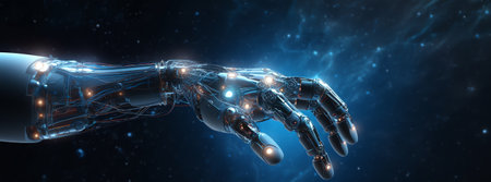 Generative AI : Spiral galaxy light and hand of astronaut and robot Space energy control concept Civilization type 3 controls the energy of the entire galaxy Elements of this imageの素材