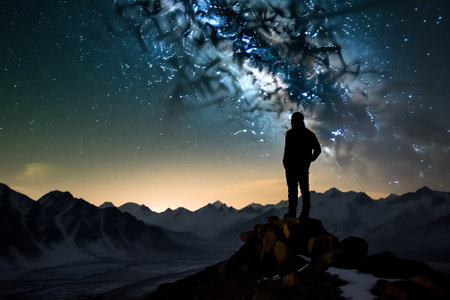 Generative AI : Picturesque view of distant person standing on urbasa range covered with snow under majestic starry sky during winter trip through spainの素材