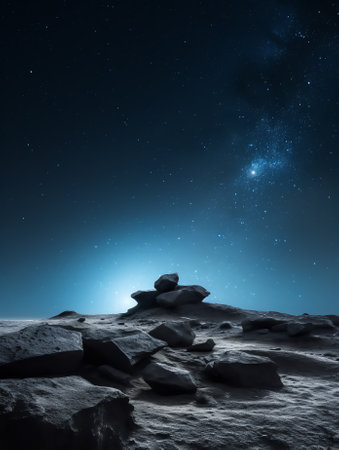 Generative AI : Spectacular landscape of rocks in highlands on background of sky with stars at nightの素材