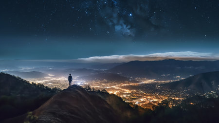 Generative AI : Starry sky over mountains panorama with city lights belowの素材