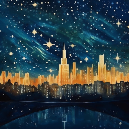 Generative AI : Starry night sky over city lightsの素材