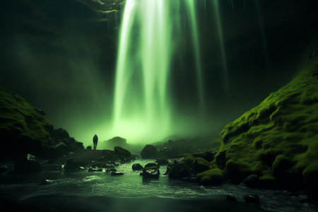 Generative AI : Low angle of mulagljufur canyon with arched rocky formations surrounded by green plants growing under starry night sky located in icelandの素材