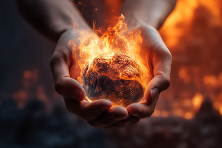 Generative AI : Hand of young man hold world globe with burn hot by drought environment and beautiful green abundance nature metaphor Climate change Elements of this image furnisheの素材